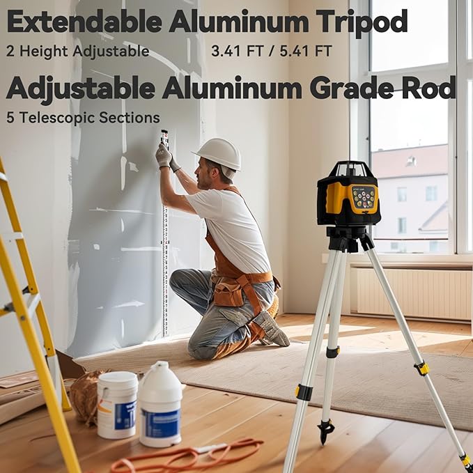 Self-Leveling 0.11"/100' Rotary Laser, 2000' Rotary Laser Level Kit, IP66 with Aluminum Tripod, Grade Rod for Grading