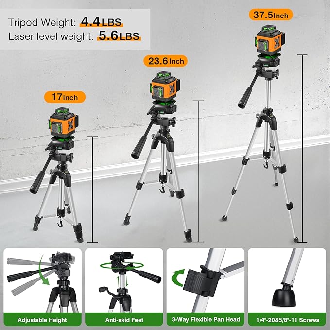 Alloyman Laser Level 4 X 360°Self Leveling with Tripod, 16 Line Lazer Level, 4D Vertical & Horizontal Line, Green Laser Leveler Tool for Construction, Picture Hanging, Floor Tile, Ceiling Installation