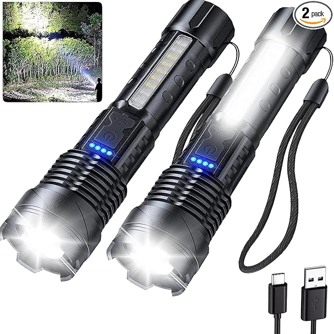 Rechargeable Flashlights High Lumens 2 Packs, 980,000L Super Bright Zoomable Tactical Flash Light with 7 Modes, Battery Powered, Cob Side Light, USB C, LED Handheld Flashlight for Emergency