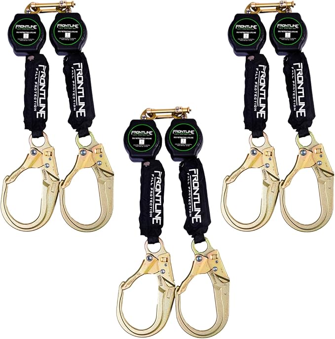 Frontline 6' Aramid Web Twin Leg SRL with Steel Rebar Hooks | 310 lbs Capacity | Lightweight & Durable | Aramid Fiber Webbing Retractable | ANSI & OSHA Compliant | ISO Lab Tested (3 Pack)