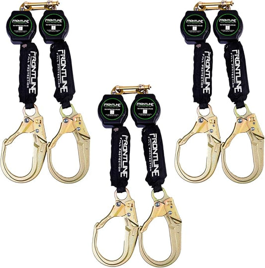Frontline 6' Aramid Web Twin Leg SRL with Steel Rebar Hooks | 310 lbs Capacity | Lightweight & Durable | Aramid Fiber Webbing Retractable | ANSI & OSHA Compliant | ISO Lab Tested (3 Pack)