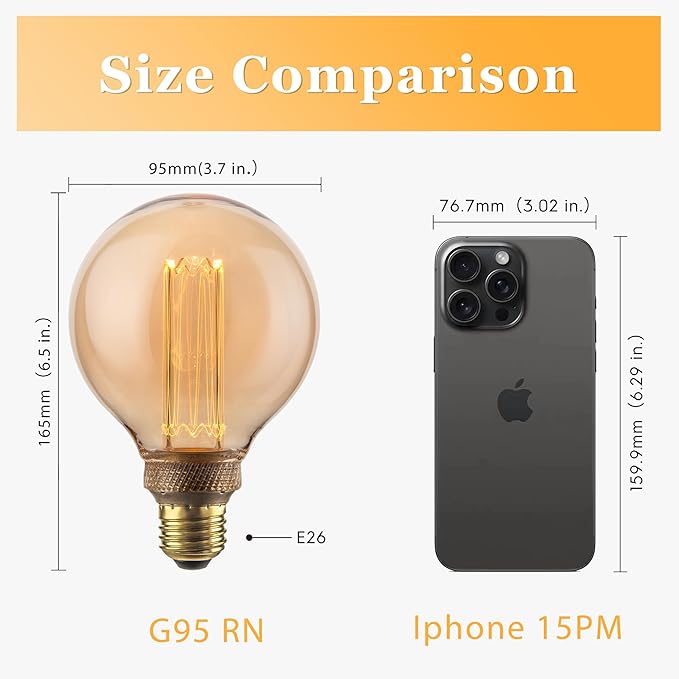 Globe Edison LED Light Bulb, Vintage Decorative Dimmable Bulb Round Glass Cover, 3.5W Low Lumen Eye-Caring Soft Dim Lighting for Mood(Not Daylight White), E26 Medium Base, Amber RN G95