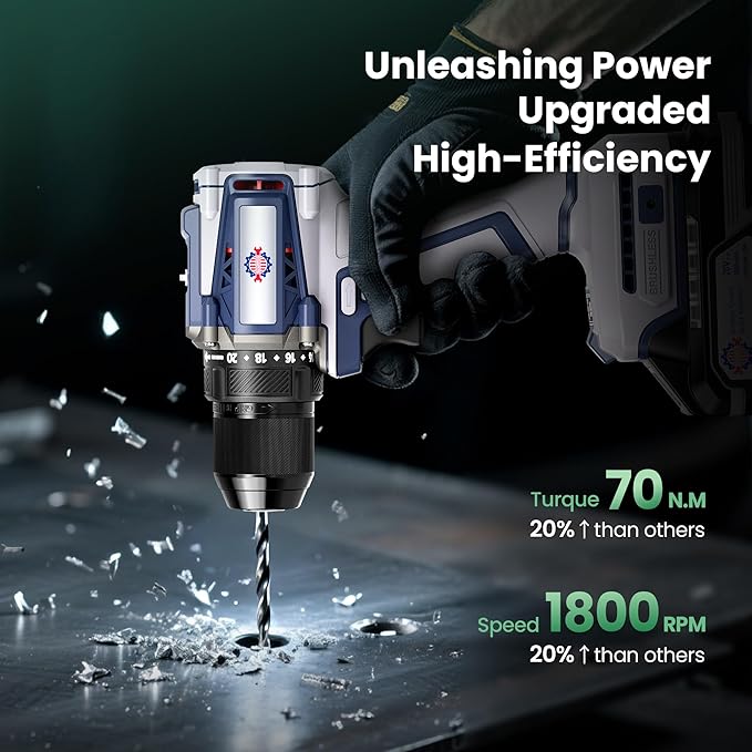 20V Cordless Drill, 620 in-lbs Torque, 3/8" Metal Keyless Chuck with Safety Lock, Brushless Power Drill with 2.0Ah Battery and Charger, 2+1 Variable Speed, 20+1 Position Electric Drill Driver with LED