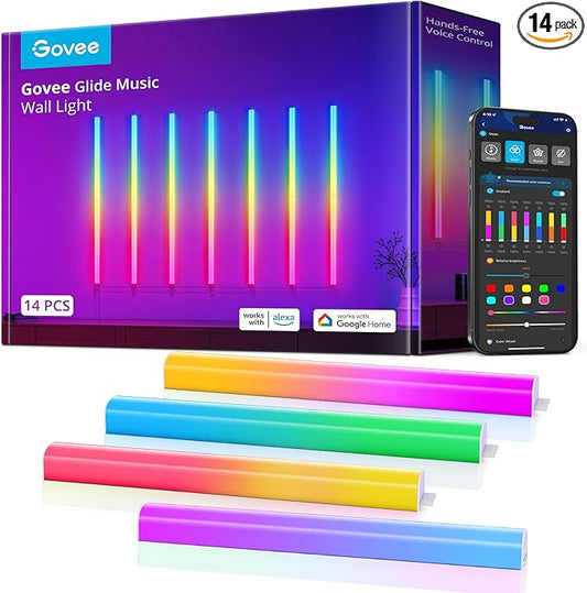 Govee Glide RGBIC Wall Lights, Music Wall Lights Works with Alexa and Google Assistant, Smart LED Light Bars for Bedroom, Living Room, Gaming Room, Party, Music Sync, 7 Panels Set (2 Sections/Panel)