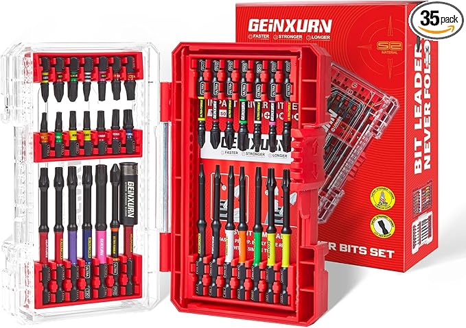 35Pieces Impact Screwdriver Bits Set, Magnetic S2 Steel 1”/2”/3” Phillips/Square/Torx/Slotted Bits Tips,Impact Bit Holder with Red Storage Box Case
