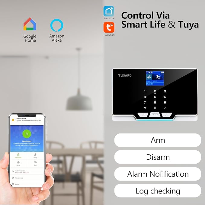 Alarm Security with Phone APP Alert,1.8" TFT Colorful Screen Smart Home Security System 12Pieces Kits,Monitor Sensor,Remote Controls,Compatible with Alexa and Assistant for Home Apartment Villa,Black