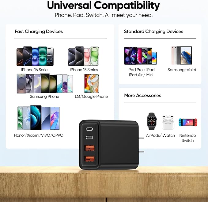 [2-Pack] USB C Wall Charger,80W 4-Port Type C Fast Charging Block,USBC Multiport Wall Plug PD&QC GaN Charging Cube with USB C Cable for iPhone 16/15/14/13/12/11/Pro Max/XS/XR, iPad, Samsung（Black