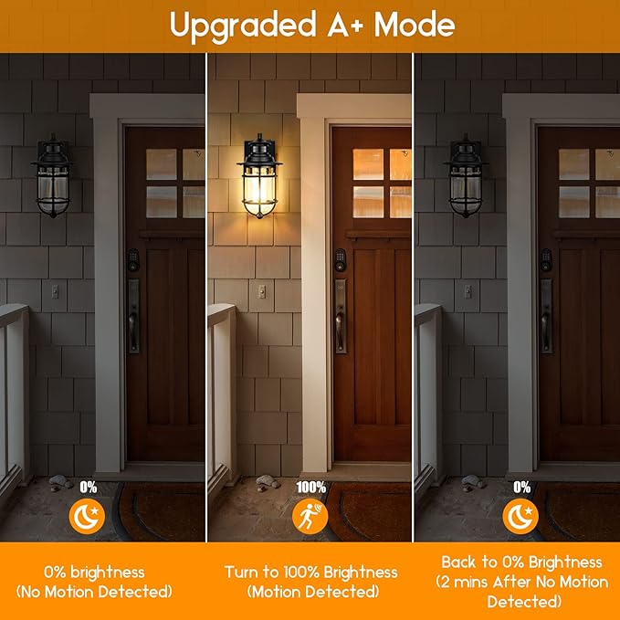 Motion Sensor Outdoor Wall Lantern Dusk to Dawn Waterproof Exterior Wall Sconce with Seeded Glass Black Wall Mount Light Fixture for Porch Doorway Garage, E26 Socket, Motion Activated