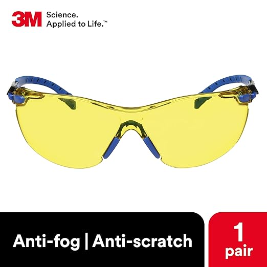 3M Safety Glasses Solus 1000 Series ANSI Z87 Scotchgard Anti-Fog Amber Lens Blue/Black Frame