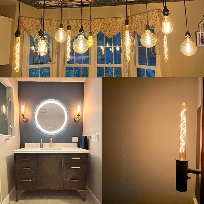 Leools T10 Long Tubular Light Bulb,60 Watt Equivalent E26 Base Amber Vintage Edison Bulb 6W Dimmable Tubular Antique Style Decorative LED Filament Light Bulb, 2200K Warm White,8.9 Inch,Pack of 4