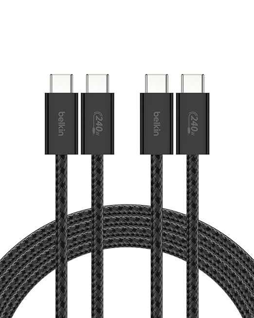 Belkin USB C to USB C Cable 2-Pack, 6.6ft, 240W - Type C Charger, iPhone Charger Cord, Soft, Braided, Flexible for iPhone 16, Galaxy S25, Pixel 9, MacBook, Chromebook, iPad Pro, Switch – Black