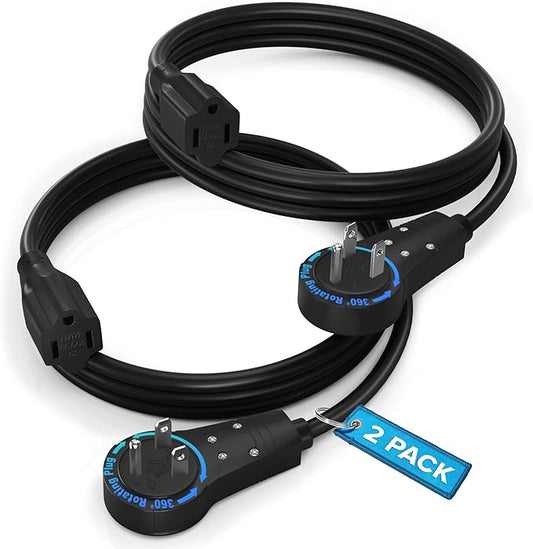 Maximm Cable 3 Feet, 2 Pack 360° Rotating Flat Plug Extension Cord/Wire, 3 Prong Grounded Wire 16 Awg Power Cord - Black - UL Certified