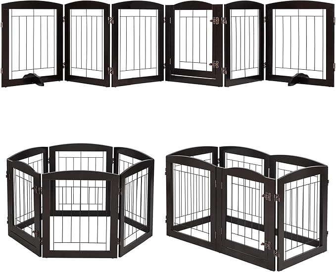 PAWLAND Dog Gate Indoor with Walk Through Door, Foldable Free Standing Pet Gate for Doorways, Stairs, The Houes, Pet Puppy Safety Fence, 120 in Extra Wide, 6 Panels, Support Feet Included, Espresso