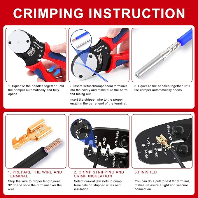 Knoweasy Crimp Tool Kit for Deutsch DT Connectors: Close Barrel and Open Barrel Crimper, Deutsch Removal Extraction Tool, Solid and Stamped Contacts, Weather Pack Terminals - Includes 8PCS