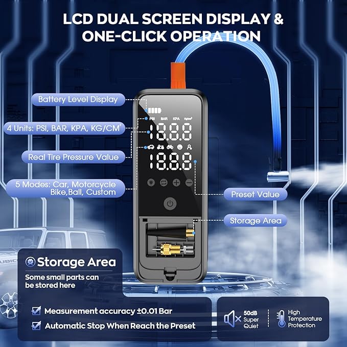 Tire Inflator Portable Air Compressor, Portable Air Pump with Tire Gauge Pressure & LED Light Air Pump for Car Tires Portable Tire Inflator for Car Cordless Bike Pump for Car, Moto, Bike, Ball