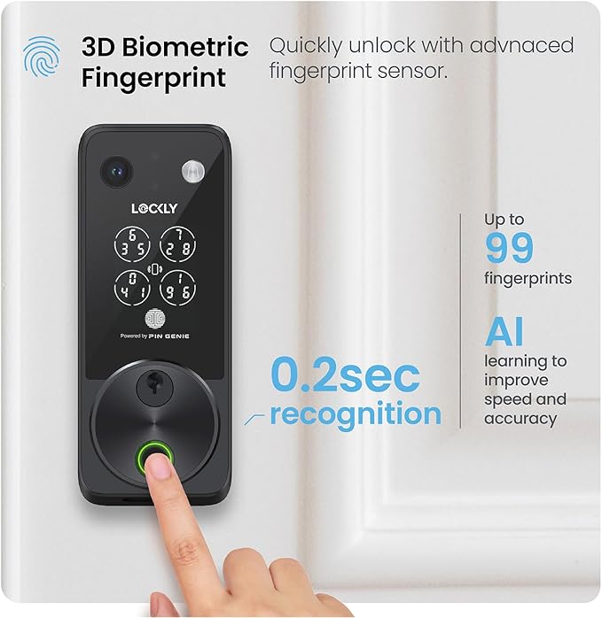 Lockly Vision Zeno Smart Lock with Video Doorbell Camera, Fingerprint Keyless Entry with Apple Home Key, Wi-Fi Deadbolt for Front Door, PIN Genie Keypad, App Remote Control, 2 Rechargeable Batteries