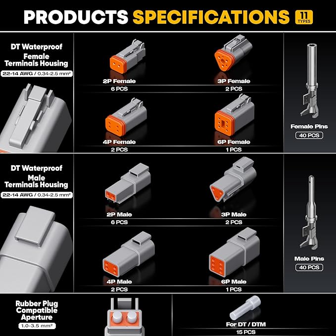 Deutsch Connectors Crimping Tool Kit, Deutsch Connector Kit 2/3/4/6 Pin DT Connectors Waterproof Automotive Electrical Connectors with 22-14 AWG Deutsch Crimp Tool, Deutsch Pin Removal Tool
