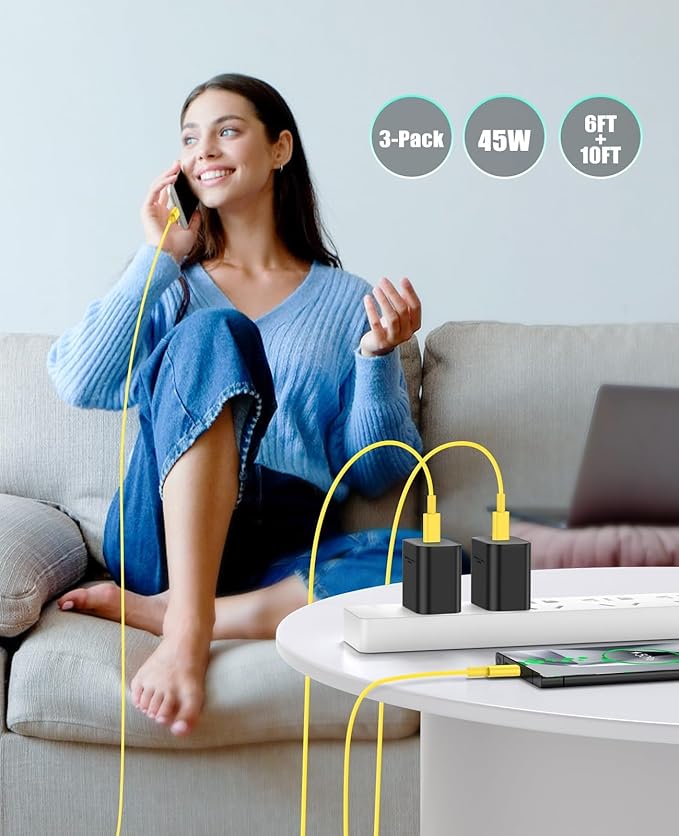 45W Super Fast Charger Type C for Samsung S24, USB C Android Phone Charger Fast Charging Block with 6FT/10FT Type C Charger Cord for Samsung Galaxy S24+ Ultra/S23+ Ultra/S22+ Ultra/iPhone 17/16-Yellow