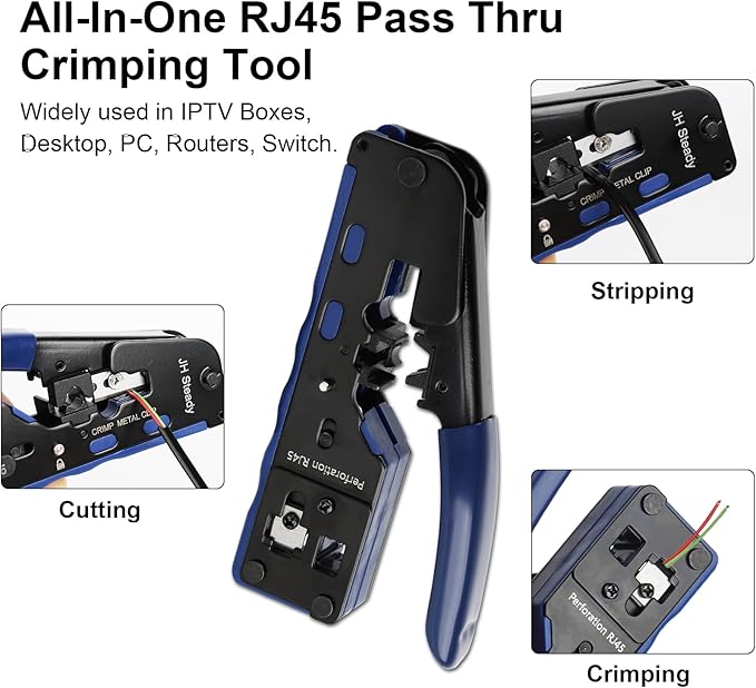 Pass Through RJ45 Crimp Tool Kit, Ethernet Crimping Tool Kit for Cat5/Cat5e/Cat6 with Cable Tester, 30PCS Connectors & Boots, Wire Crimper Stripper Cutter for Network Installation
