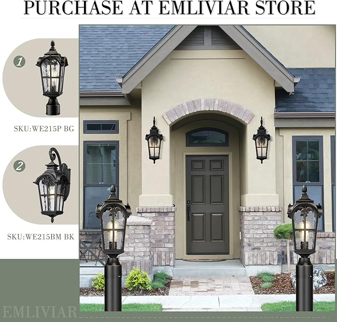 Emliviar Farmhouse 25 Inch Outdoor Wall Lantern Sconce, 1-Light Large Patio Wall Light Fixture with Water Grain Glass, Black Finish, WE215BM BK
