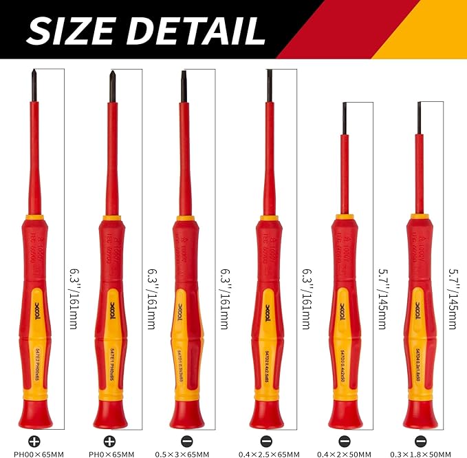 XOOL 6PCS 1000V Insulated Precision Electrician Screwdrivers Set, Slotted and Phillips Magnetic Tip, Chrome Vanadium Steel, VDE & GS Certified for Safe Electrician Repair