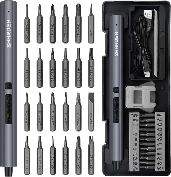 SHARDEN Mini Electric Screwdriver, 29 in 1 Small Electric Screw Driver Kit with 24 Magnetic Bits, Precision Cordless Repair Tool for Phone, Camera, Laptop, Watch