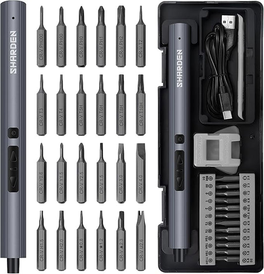 SHARDEN Mini Electric Screwdriver, 29 in 1 Small Electric Screw Driver Kit with 24 Magnetic Bits, Precision Cordless Repair Tool for Phone, Camera, Laptop, Watch