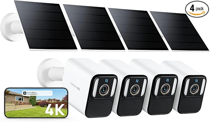 Anona Aurora 4K Solar Security Cameras Wireless Outdoor, Forever Power with Solar Panel, 8MP Color Night Vision, 24/7 AOV Recording, No Monthly Fees, AI Detection, Easy Setup, 2.4 G WiFi, IP67, 4 Pack