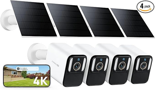 Anona Aurora 4K Solar Security Cameras Wireless Outdoor, Forever Power with Solar Panel, 8MP Color Night Vision, 24/7 AOV Recording, No Monthly Fees, AI Detection, Easy Setup, 2.4 G WiFi, IP67, 4 Pack