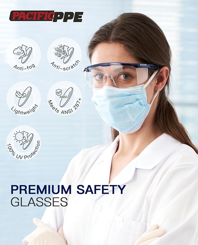 PACIFIC PPE 3 Pack Anti-Fog Safety Glasses with Ajustable Temples, Safety Glasses for Men and Women, ANSI Z87.1, Side Protection, High Transmission Protective Eyewear, Lightweight