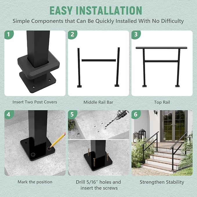 2 Pack Hand Rails for Outdoor Steps,3-4 Step Railing for Stairs,Adjustable Porch Railing,Hand Rails for Seniors,Outdoor Deck Handrails for Exterior Steps,Black