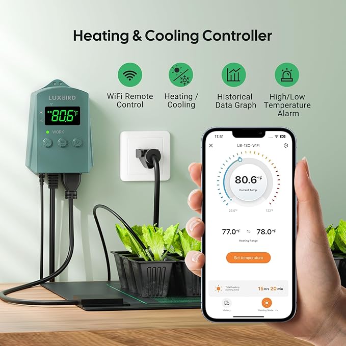 WiFi Digital Heat Mat Thermostat Controller, 32-113°F with Heating Cooling Mode, 365 Day Data Export, 1200W, High/Low Temp Alerts, Plug & Play for Reptile Seedling Brewing Breeding Greenhouse