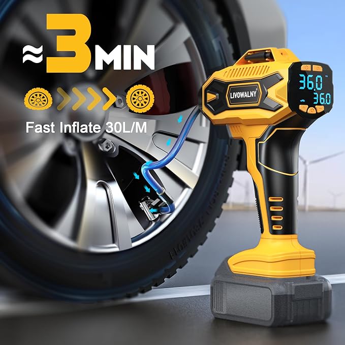 Tire Inflator Air Compressor Compatible with Dewalt 20V Max Battery, LIVOWALNY 160 PSI Cordless Portable Electric Air Pump 2025 Bigger LCD Digital Pressure Gauge for Car, Bike, Sport Ball (No Battery)