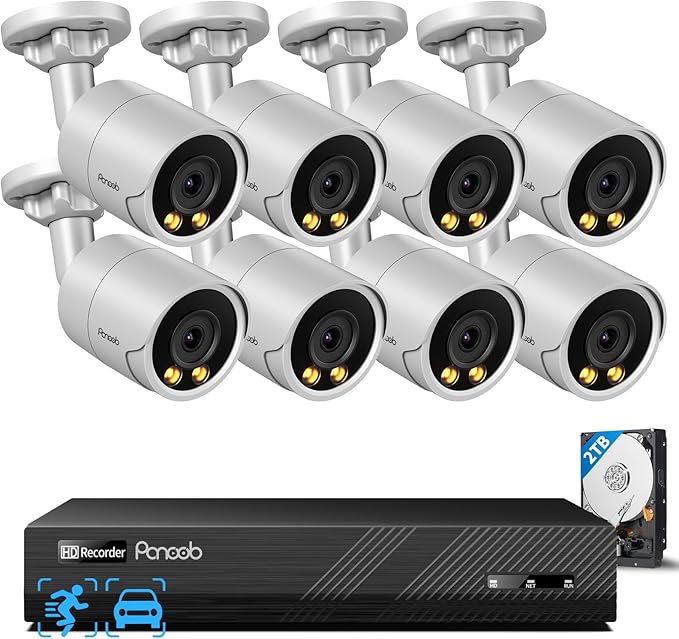 PoE Security Camera System 4K, 8X 8MP Wired Bullet IP PoE Cameras Outdoor Built-in Microphone, AI Human Vehicle Detection, 4K/8MP 8CH NVR 2TB HDD, Smart Color Night Vision, PB38F0808-8M