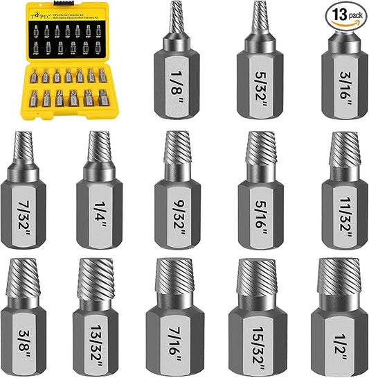 Topec Easy Out Screw Extractor Set 13-Piece, Multi-Spline Easy Out Bolt Extractor Kit, CR-MO Steel Hex Head Remover for Stripped, Broken, Rounded, Rusted Bolts, Screws and Nuts