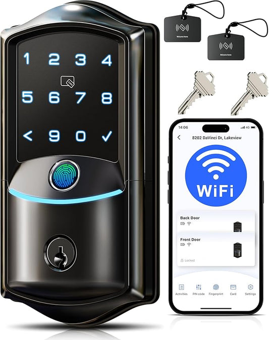 Veise VE027 Built-in Wi-Fi Smart Lock, Fingerprint Keyless Entry Front Door Lock, App Remote Control, No Hub Needed, Keypad Deadbolt with Long Battery Life, IP65 Waterproof, BHMA Grade 3, Matte Black