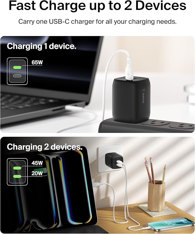 Belkin 65W Dual USB-C Wall Charger, Fast Charging PD 3.0 w/GaN Technology for iPhone Series, iPad Pro 12.9, MacBook, Galaxy Series, Tablet, & More - Black