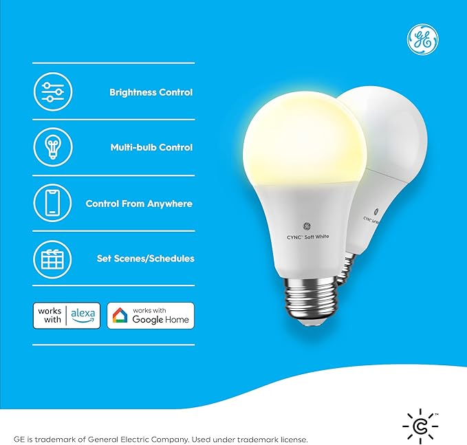 GE CYNC A19 Smart LED Light Bulbs, Soft White, Bluetooth and WiFi Light Bulbs, 60W Equivalent, Work with Amazon Alexa and Google Home, 2 Count (Pack of 1)