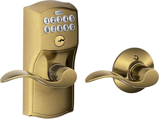 SCHLAGE FE575 CAM 609 ACC Camelot Keypad Entry with Auto-Lock and Accent Levers, Antique Brass