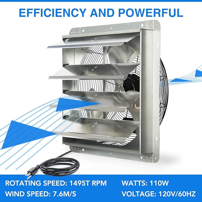 JPOWER 18 Inch Shutter Exhaust Fan, Gable Vent Fan, Wall Mount Ventilation, High Speed 2600 CFM, Automatic Aluminum Blades, for Garages, Shop, Greenhouse, Attic, with Power Cord