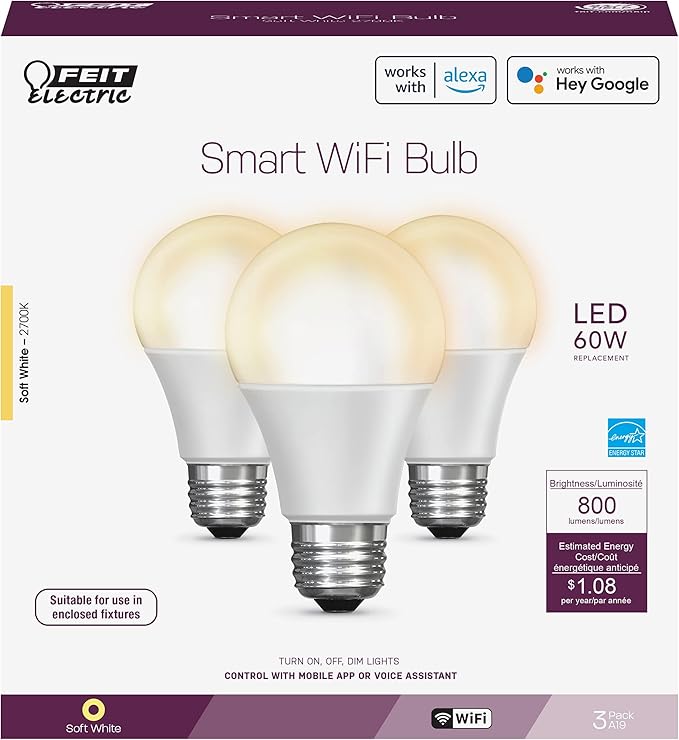 Feit Electric Smart Light Bulbs, 2.4 Ghz WiFi Light Bulbs, No Hub Needed, Works with Alexa and Google, Dimmable 60 Watt = LED 9W, OM60/927CA/AG/3, 2700K Soft White, 3 Pack