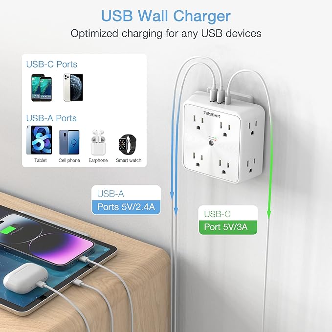 Surge Protector 8 Outlet Extender, TESSAN Multi Outlet Splitter with 3 USB Wall Charger (1 USB C Port), 3-Sided Multiple Plug Power Strip 1700J, Charging Station for Home Office Dorm Room