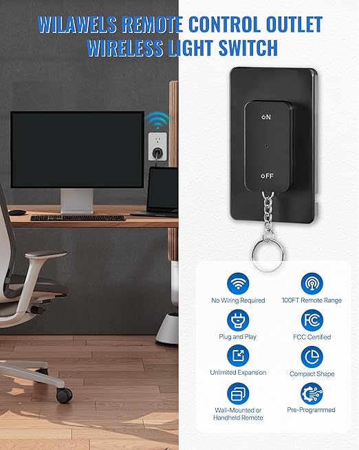 Black Remote Control Outlet, WILAWELS Wireless Light Switch with Magnetic Base, On Off Remote Outlet Switch for Lamps, Appliance, 100ft RF Range, 15A/1875W, Pre-Programmed, FCC Listed H09RC1106