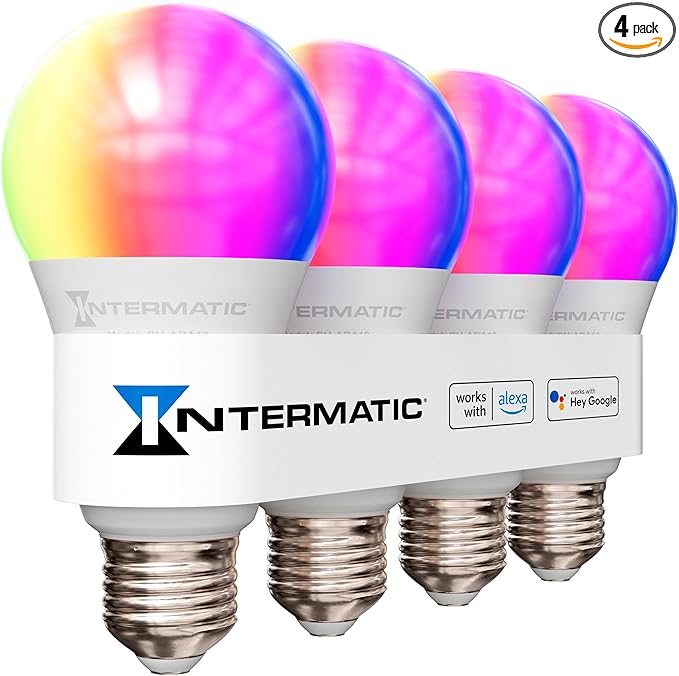 Intermatic ABRA A19 Wi-Fi Smart Bulb, 800 Lumens - Voice Controlled RGB LED, Compatible with Alexa & Google Home - Timers & Schedules, 2.4 GHz Wi-Fi Only, No Hub Required (4 Pack)