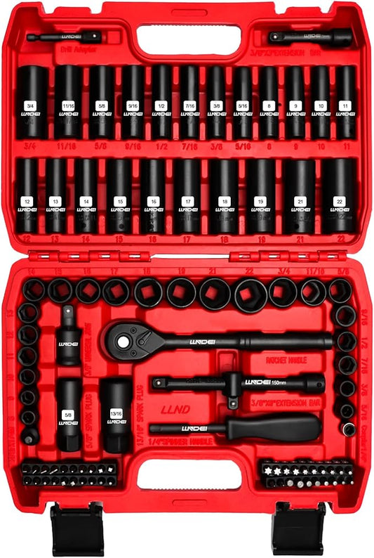 LLNDEI 3/8”Drive Impact Socket Set,Standard SAE(5/16 to 3/4-Inch) Metric Size(8-22mm), 95 Piece, CR-V Steel Deep&Shallow Kit, Adapters, Ratchet Handle, Screwdriver Bit Set, Spark Plug Socket, 6 Point