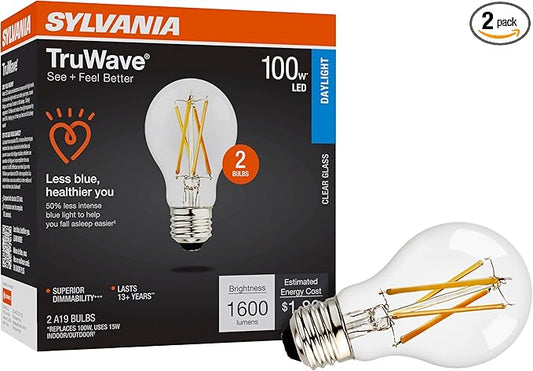 Sylvania LED TruWave Natural Series A19 Light Bulb, 100W Equivalent, Efficient 15W, 1600 Lumens, Medium Base, Dimmable, Clear, 5000K, Daylight - 2 Pack (42291)