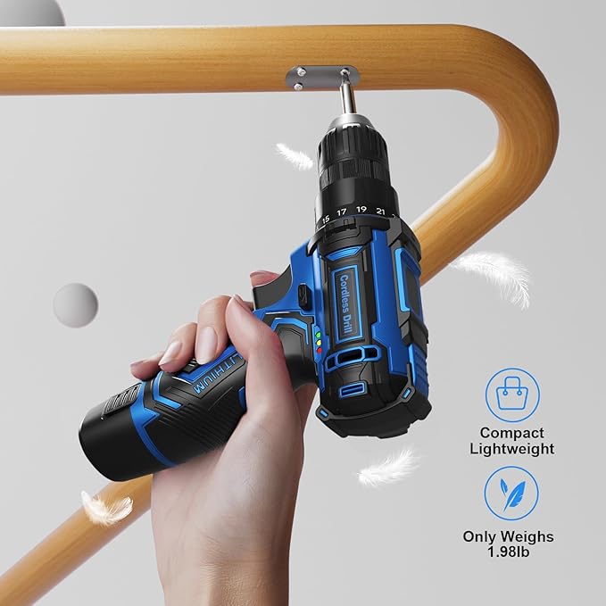 Cordless Drill Set,12V Power Drill Driver 3/8" Keyless Chuck with 42 Acessories, Built-in LED Light, 25+1 Position, Electric Drill for Home DIY Projects（Blue）