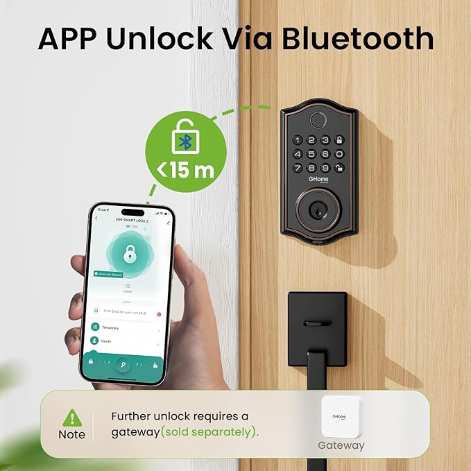 Ghome Smart Deadbolt Lock for Front Door, Keyless Entry Door Lock with Keypad, App Remote, Auto Lock, Easy Installation, Fingerprint Door Lock for Home, Airbnb, Apartment, Garage, Zn-Al-Cu Alloy Black