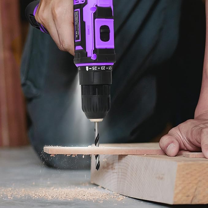 Purple 12v Cordless Drill With Battery And Charger, Electric Screwdriver Kit, 25+1 Torque, Stud Finder Ready,Front LED Light