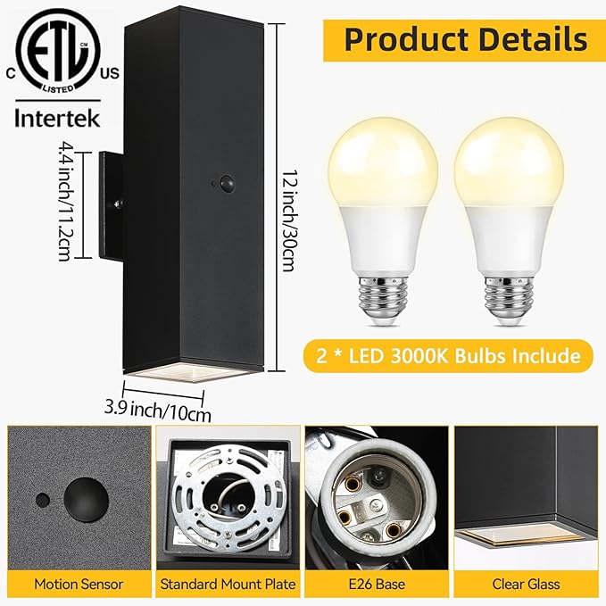 SHIMR Motion Sensor Outdoor Wall Lights, Dusk to Dawn Outdoor Lighting with Matte Black Finish, Up and Down Lights Aluminum Exterior Lighting Fixture for House Porch, LED Bulb Included [ETL Listed]